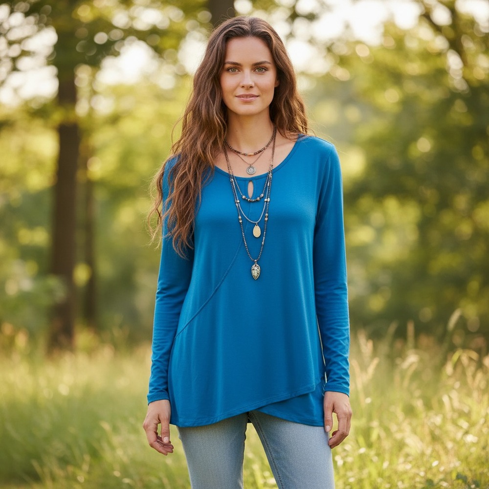 Cuddl Duds L Knit Top Tunic Blue Keyhole LS Casual Comfy Lounge Boho Assymetric